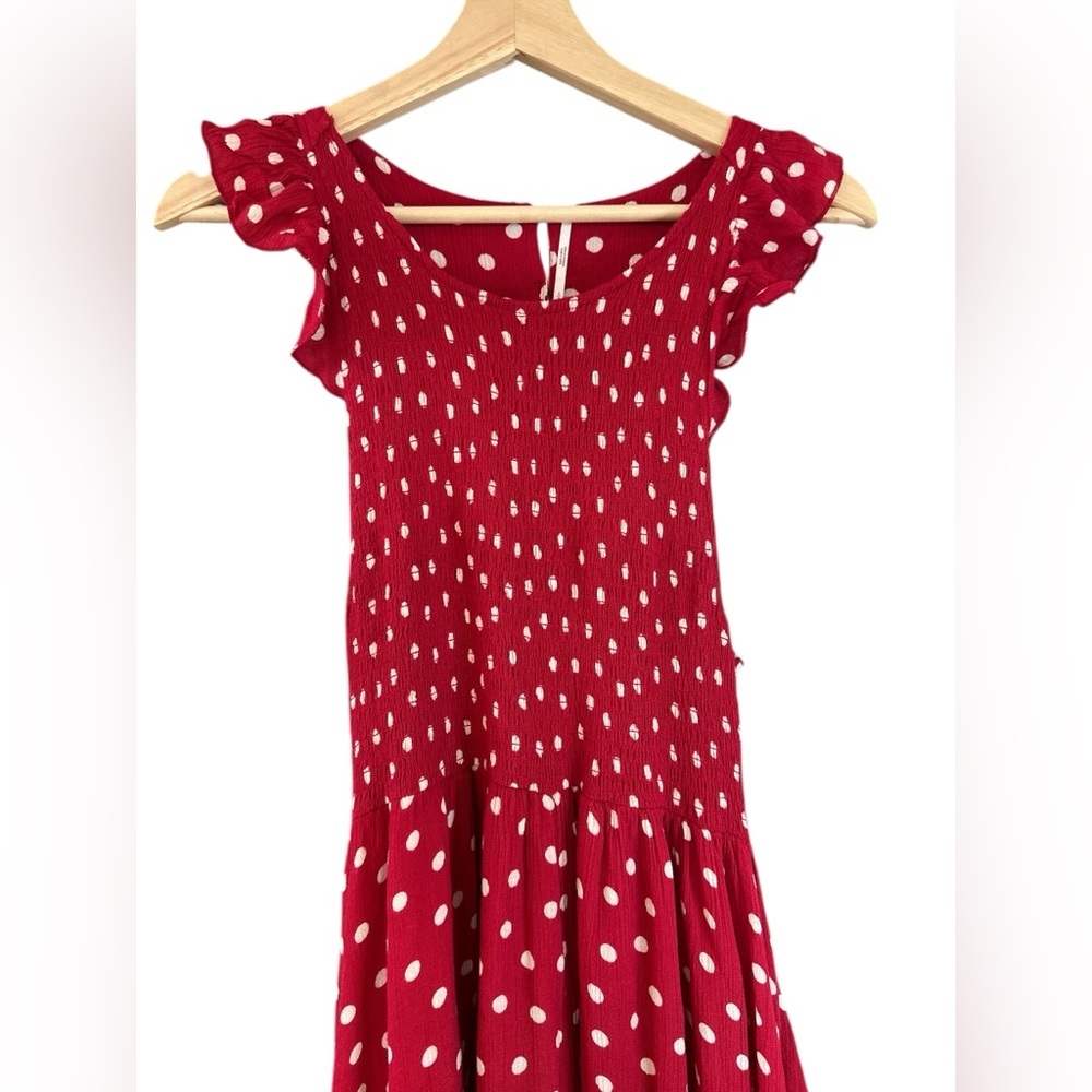 Free People Butterflies Smocked Midi Dress in Red Polka Dot - Picture 7 of 14